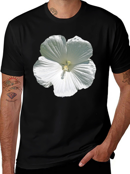 White Hibiscus Flower Graphic Tee - Black Cotton T-Shirt