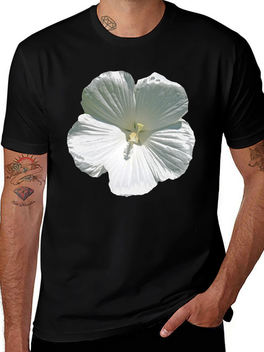 White Hibiscus Flower Graphic Tee - Black Cotton T-Shirt