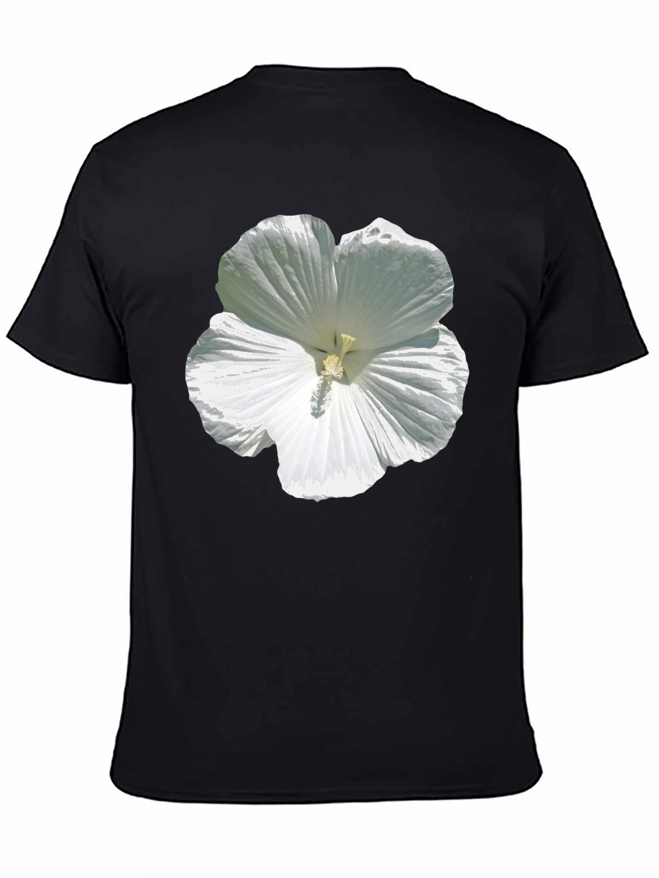 White Hibiscus Flower Graphic Tee - Black Cotton T-Shirt