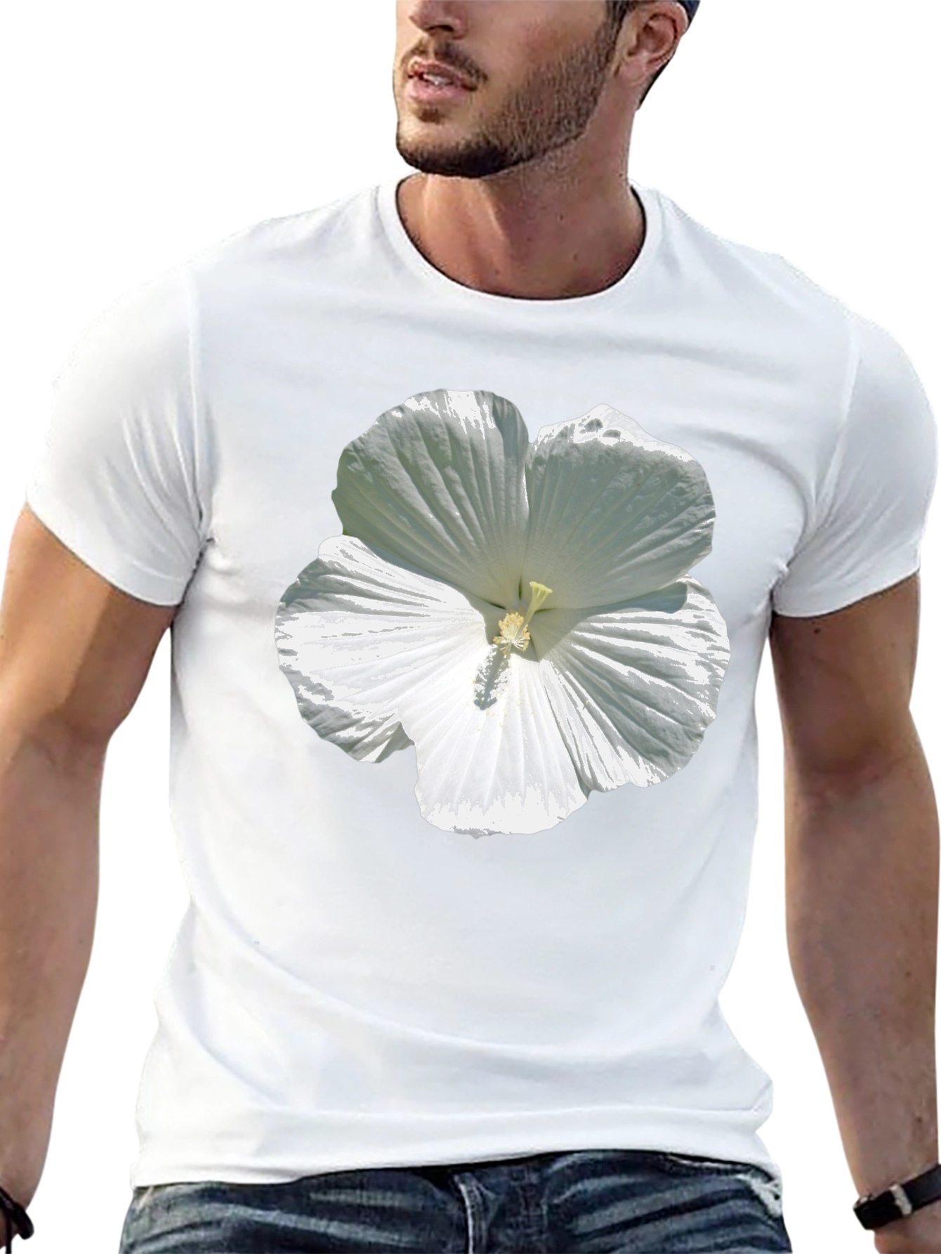 White Hibiscus Flower Graphic Tee - Black Cotton T-Shirt