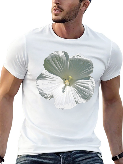 White Hibiscus Flower Graphic Tee - Black Cotton T-Shirt