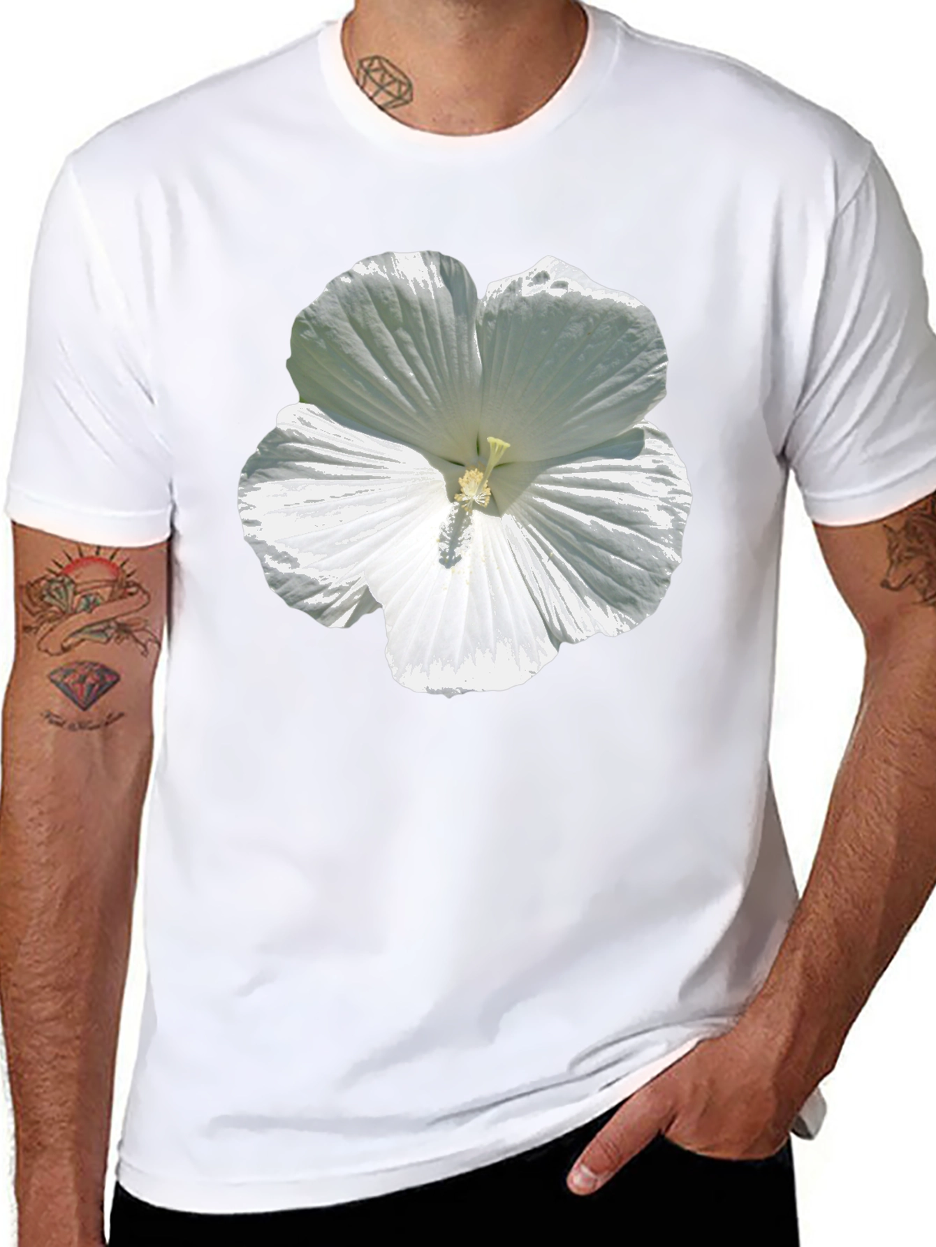 White Hibiscus Flower Graphic Tee - Black Cotton T-Shirt
