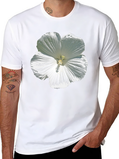 White Hibiscus Flower Graphic Tee - Black Cotton T-Shirt