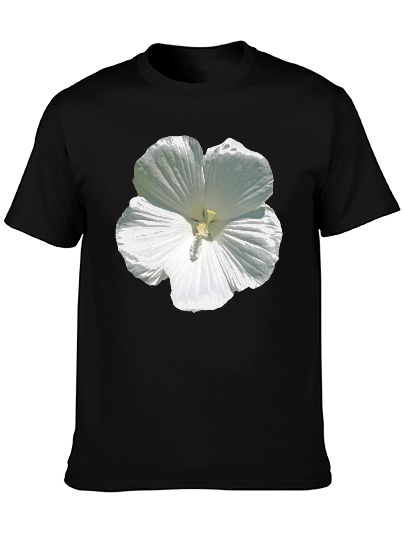 White Hibiscus Flower Graphic Tee - Black Cotton T-Shirt
