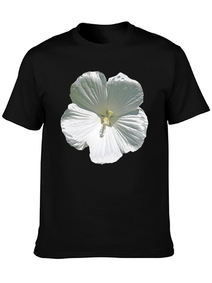 White Hibiscus Flower Graphic Tee - Black Cotton T-Shirt