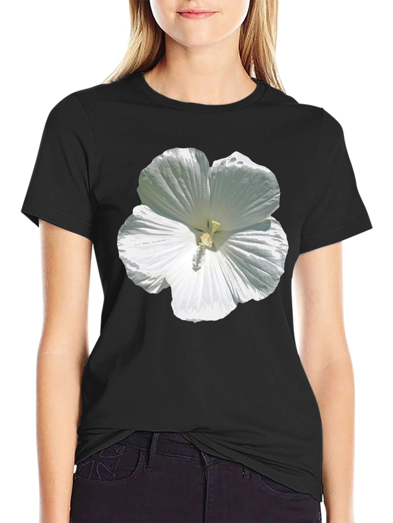 White Hibiscus Flower Graphic Tee - Black Cotton T-Shirt