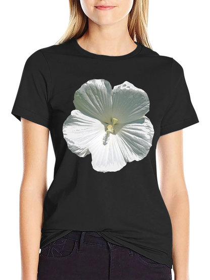 White Hibiscus Flower Graphic Tee - Black Cotton T-Shirt