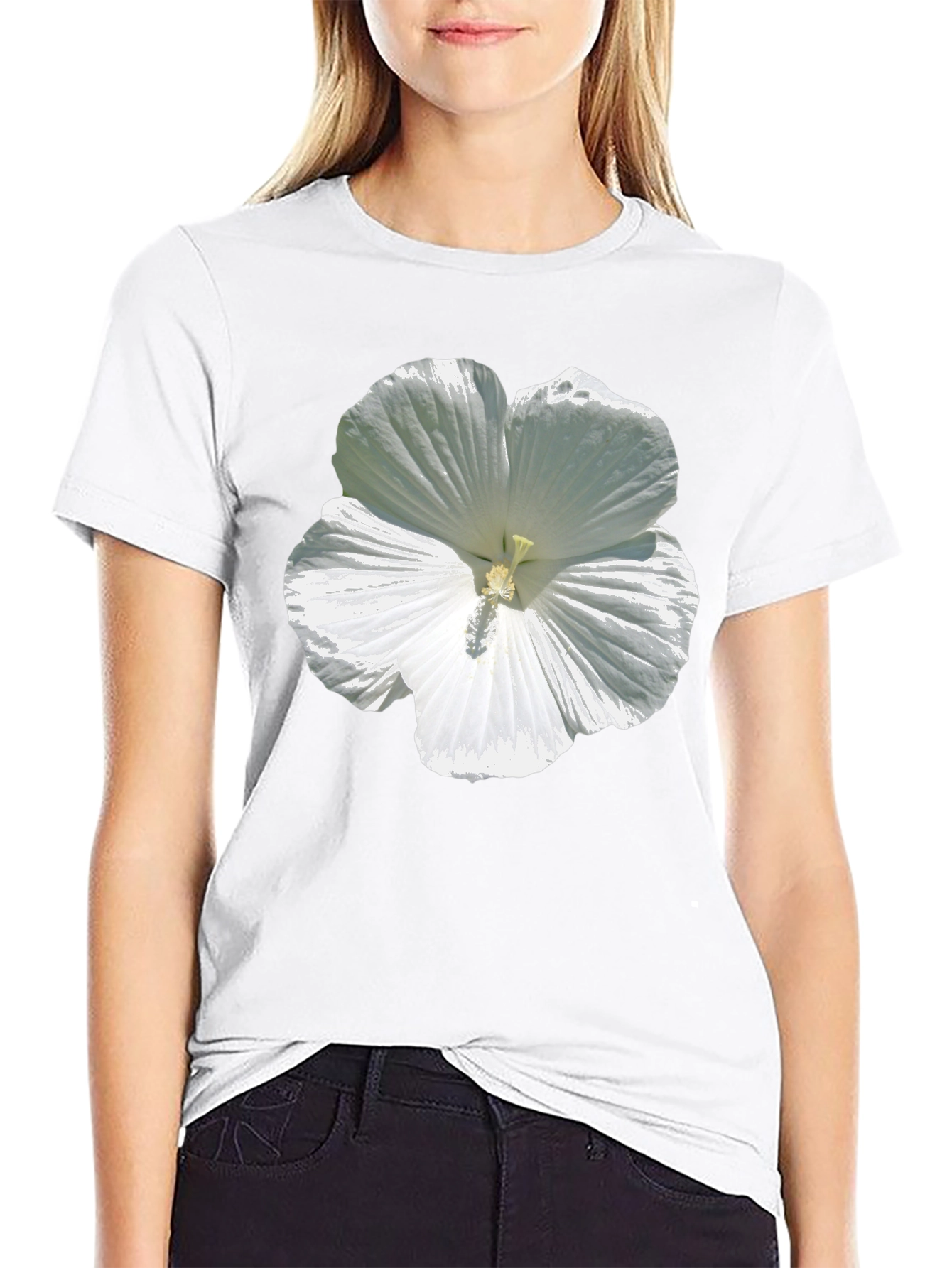 White Hibiscus Flower Graphic Tee - Black Cotton T-Shirt