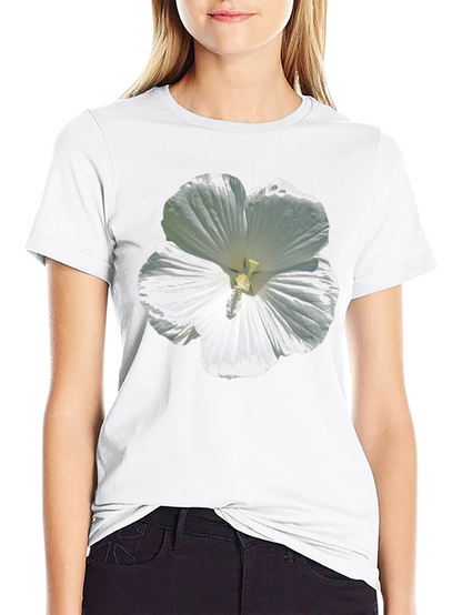 White Hibiscus Flower Graphic Tee - Black Cotton T-Shirt