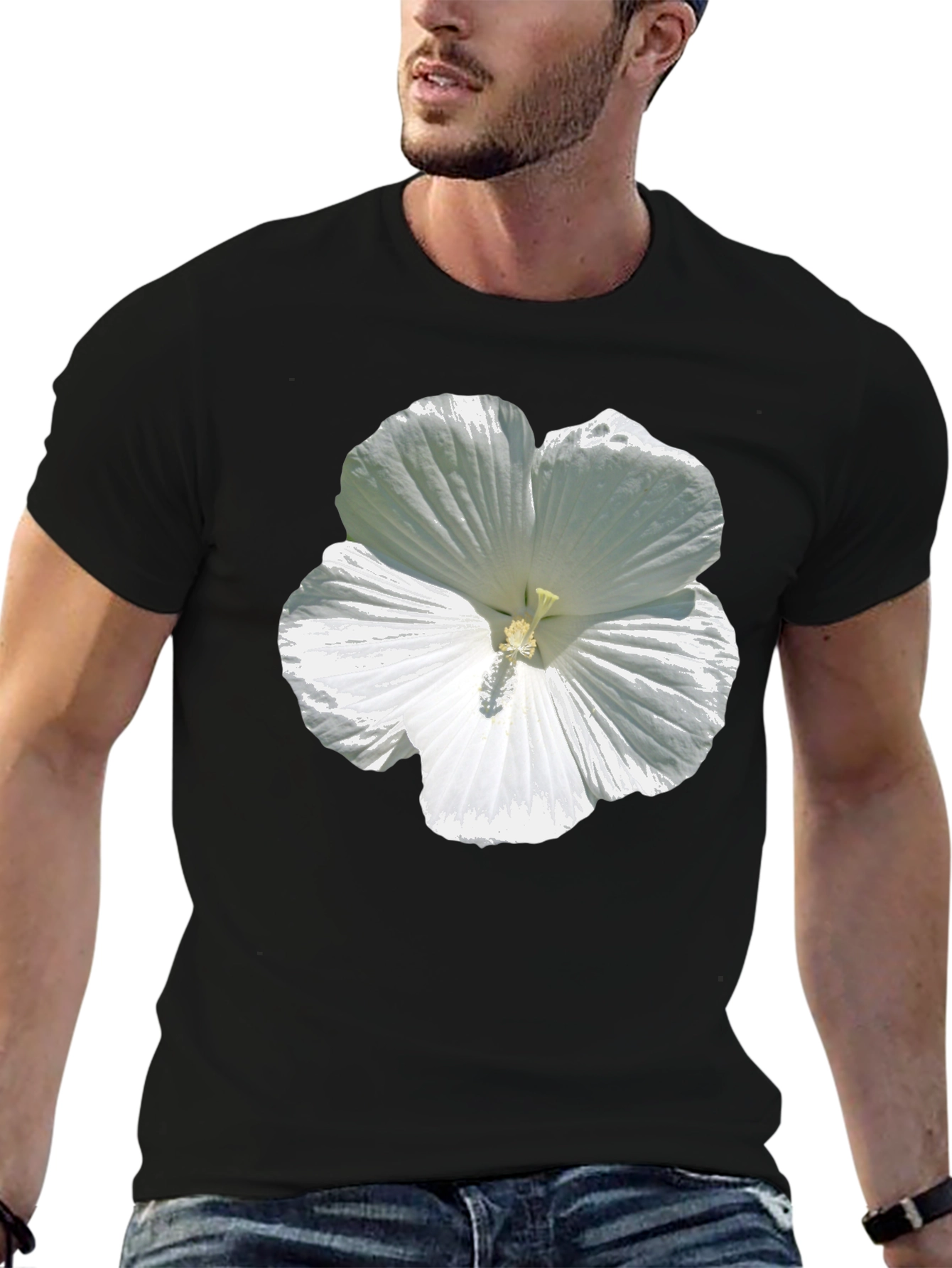 White Hibiscus Flower Graphic Tee - Black Cotton T-Shirt
