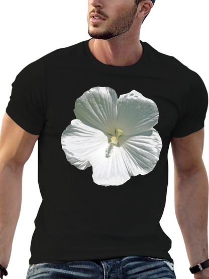 White Hibiscus Flower Graphic Tee - Black Cotton T-Shirt