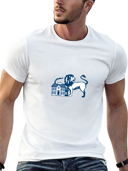 Black T-Shirt with Lion and House Graphic