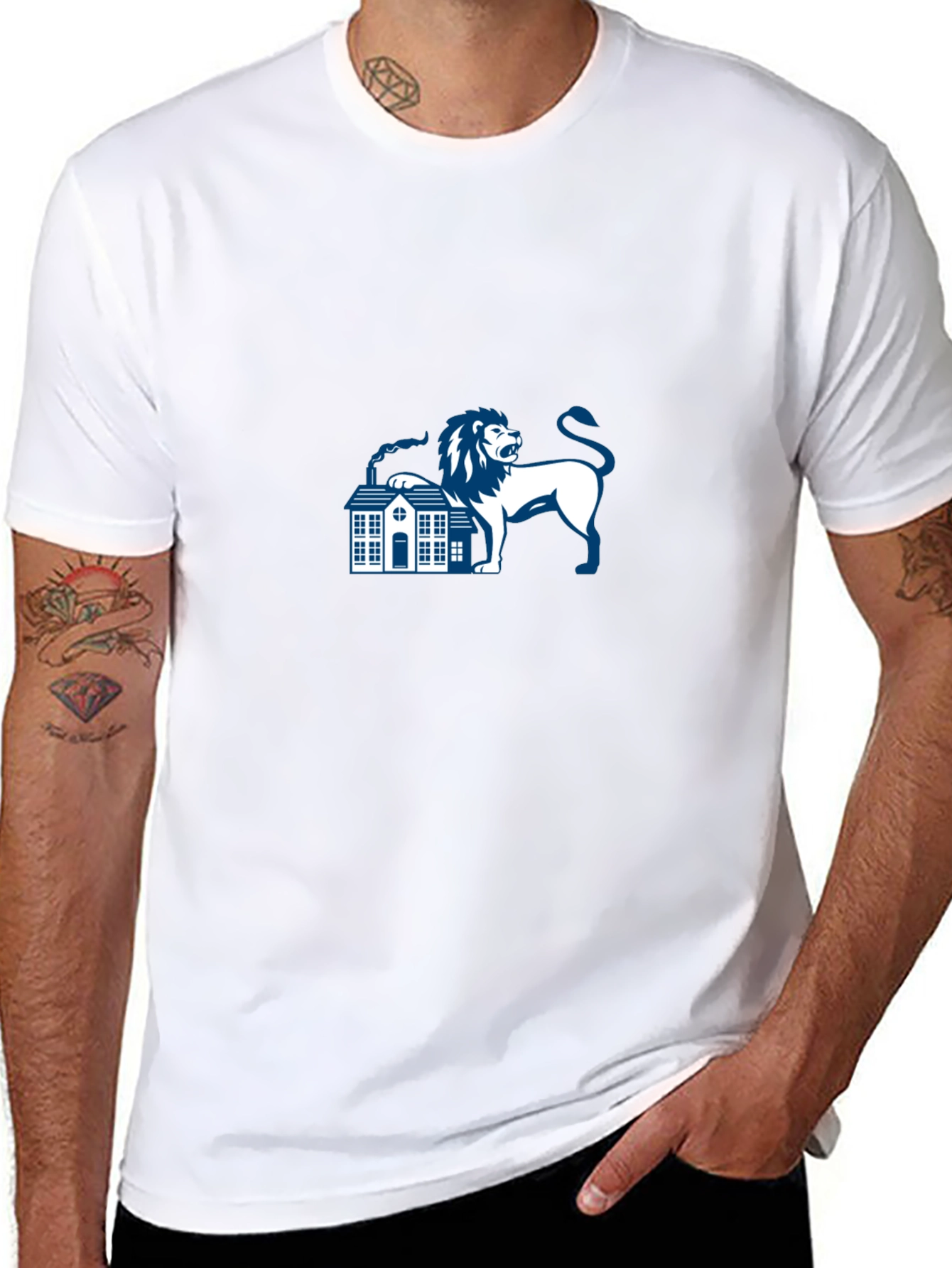 Black T-Shirt with Lion and House Graphic
