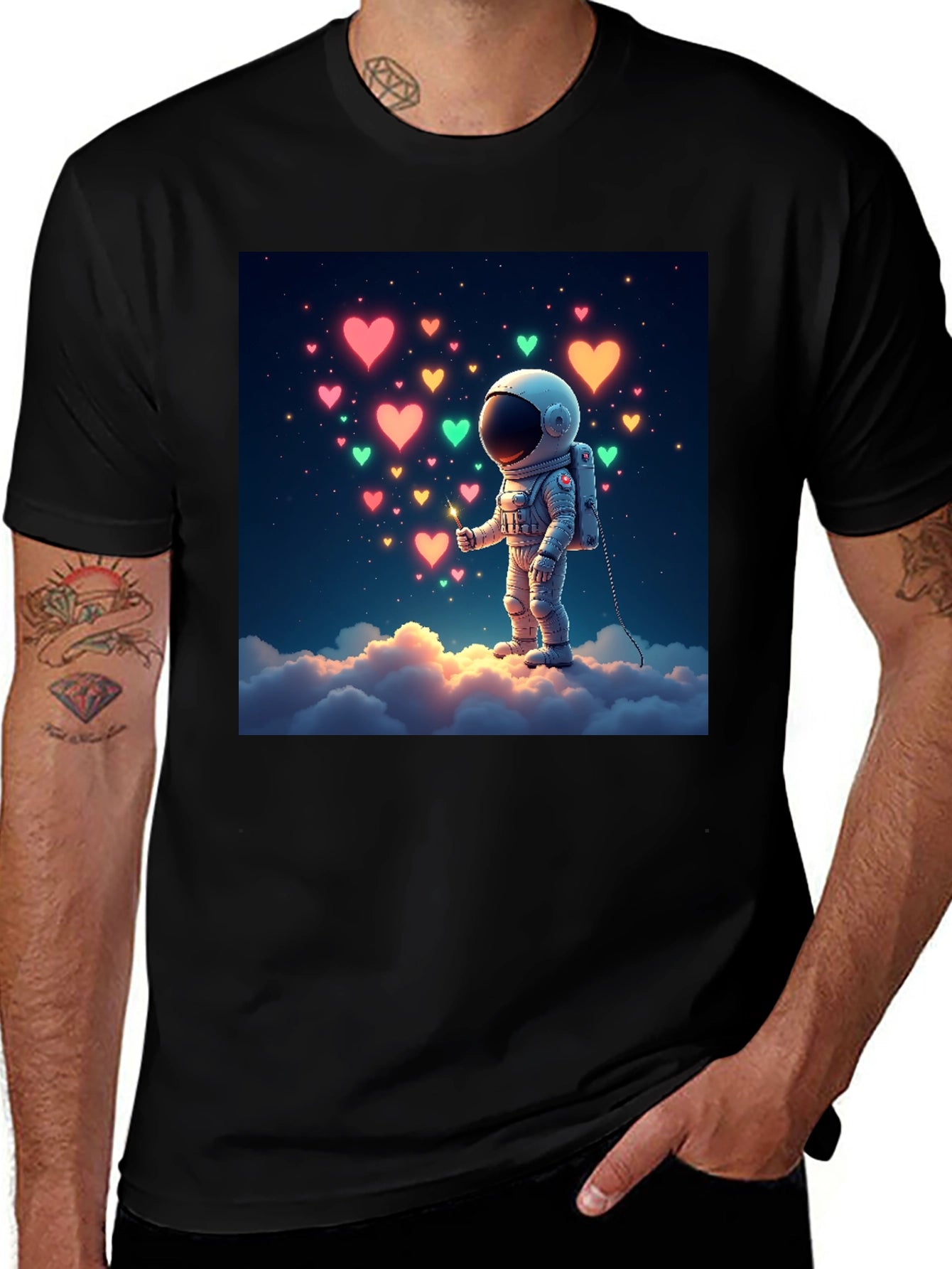 Astronaut Heart Cloud Graphic T-Shirt - Black