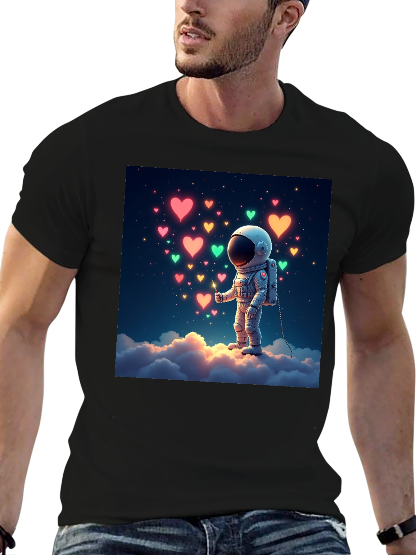 Astronaut Heart Cloud Graphic T-Shirt - Black