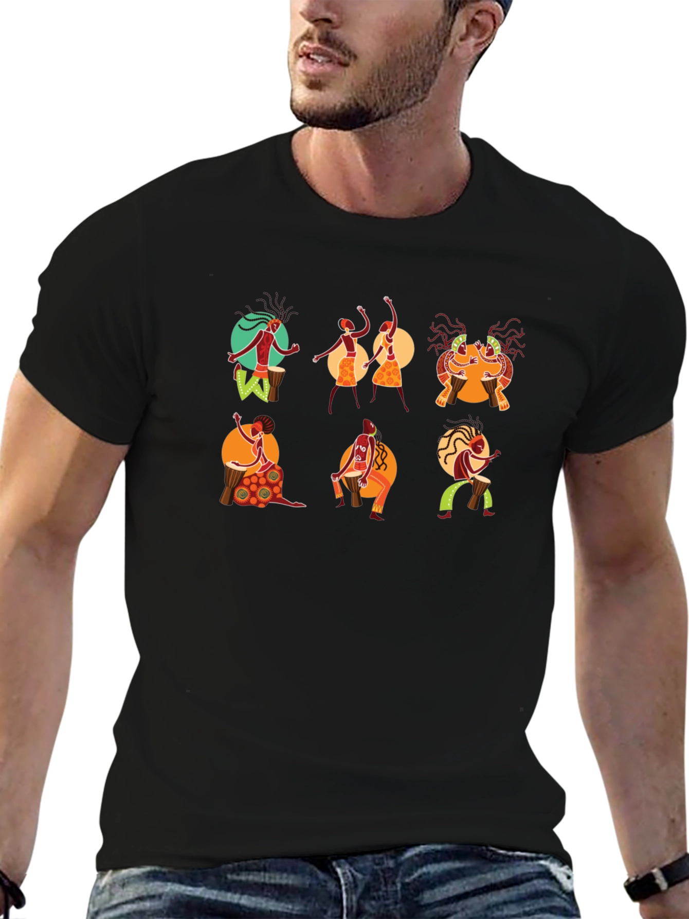 Tribal Drummer Graphic Black T-Shirt