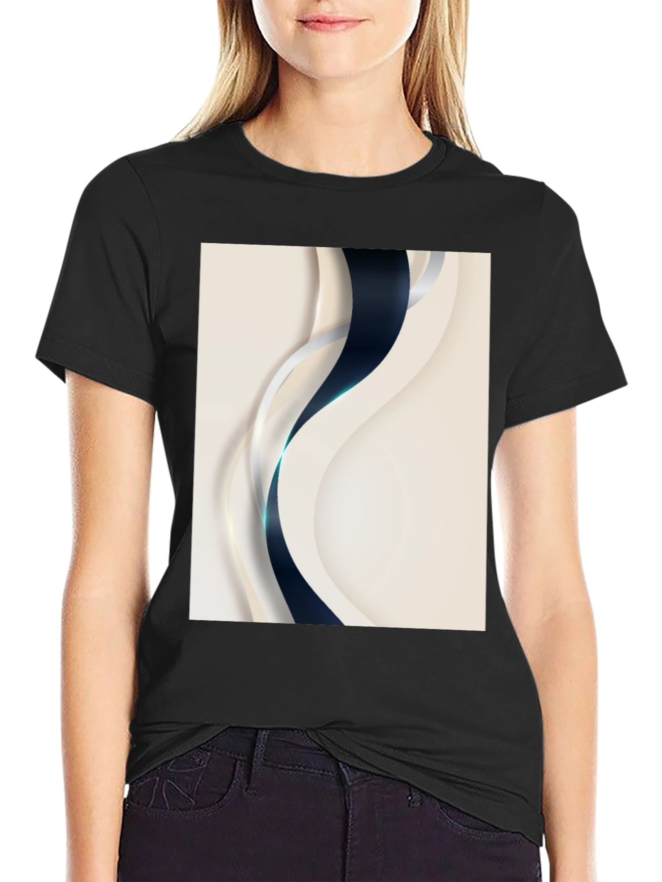 Stylish Black T-Shirt with Abstract Wave Design