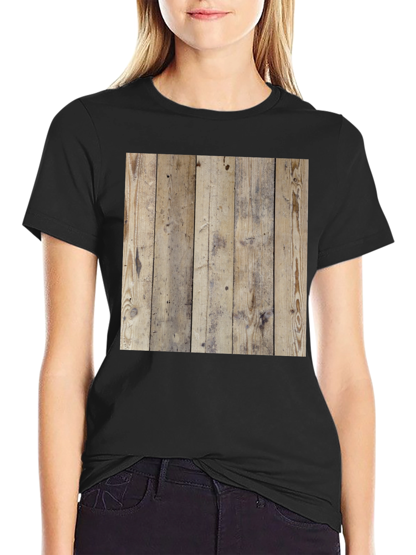 Wood Texture Graphic Tee - Casual Style Black T-Shirt