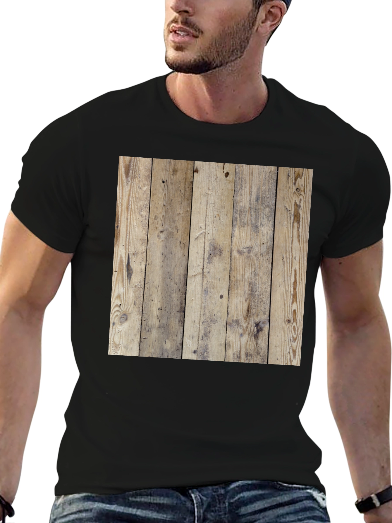 Wood Texture Graphic Tee - Casual Style Black T-Shirt