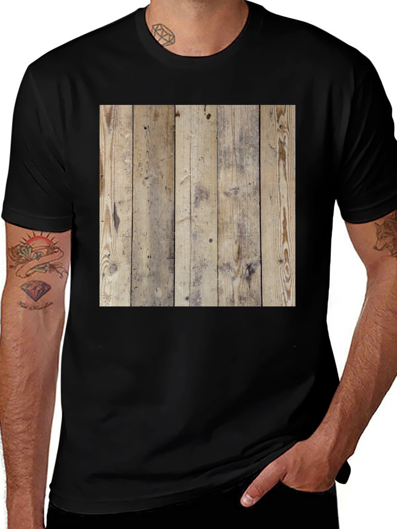 Wood Texture Graphic Tee - Casual Style Black T-Shirt