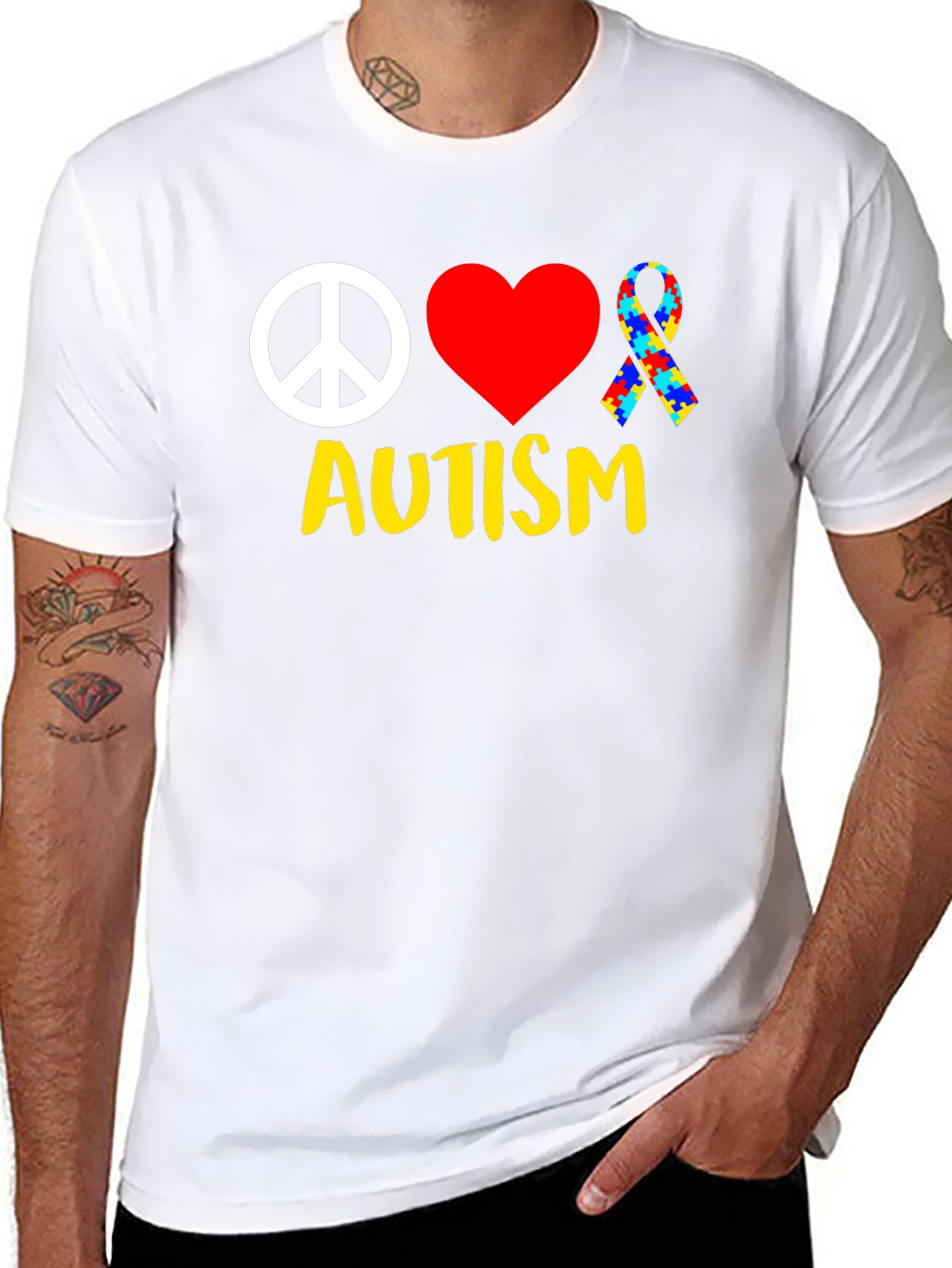 Autism Awareness Peace Love Puzzle Ribbon T-Shirt