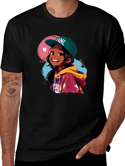 Anime Girl Graphic Tee - Stylish Black Cotton T-Shirt