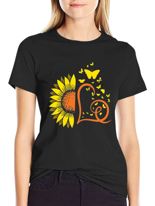 Sunflower Heart Butterfly Graphic Tee - Black