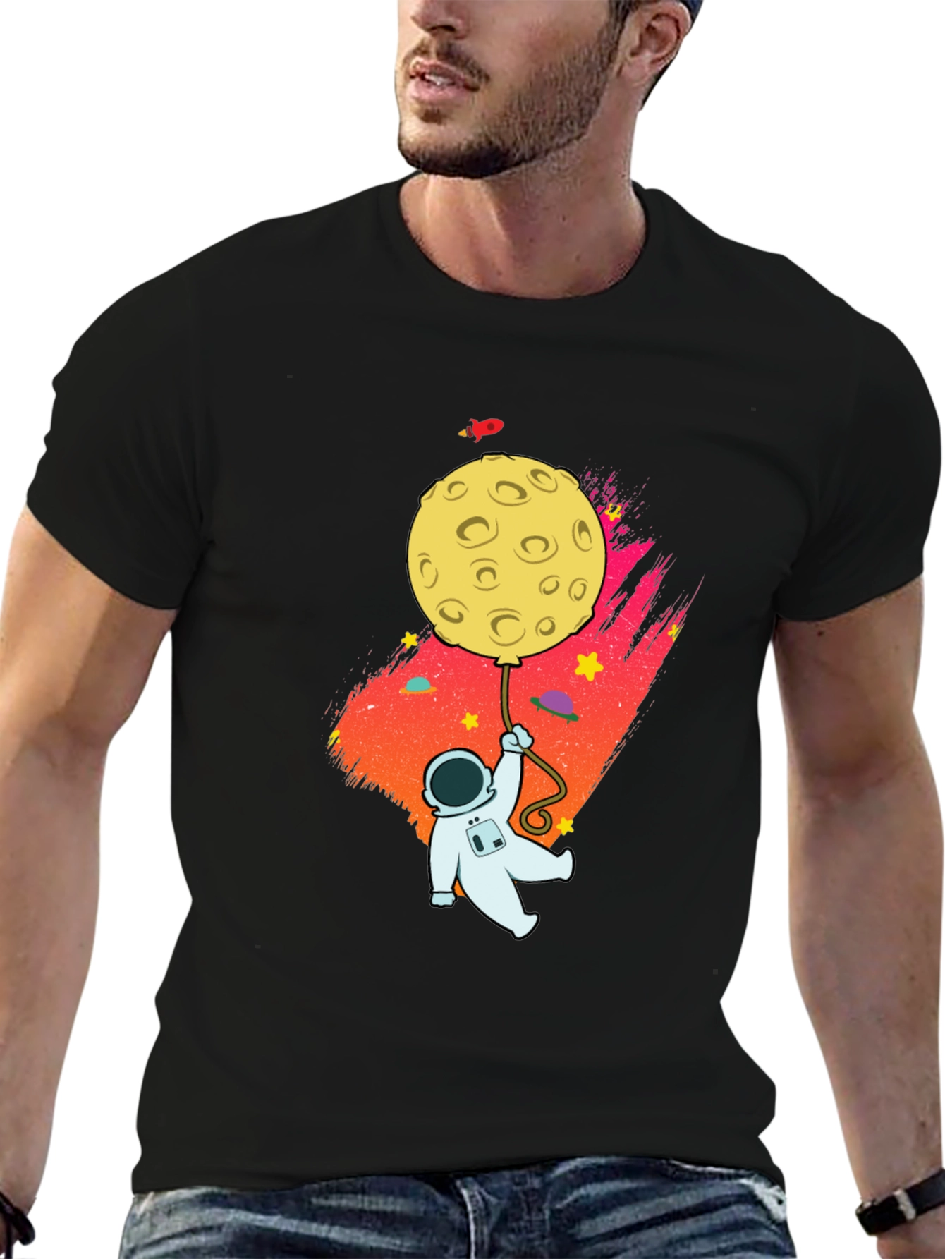 Astronaut Moon Balloon Graphic Black T-Shirt
