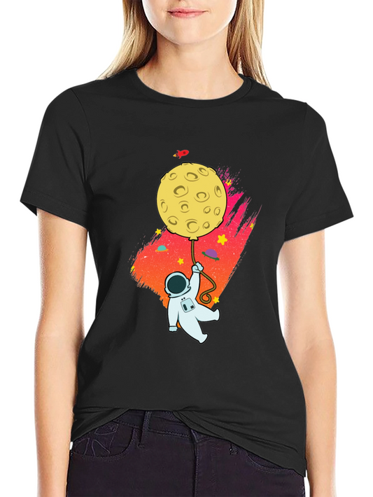 Astronaut Moon Balloon Graphic Black T-Shirt