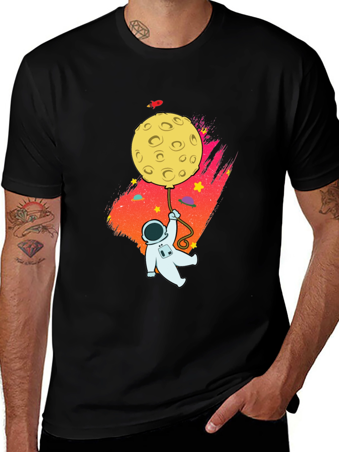 Astronaut Moon Balloon Graphic Black T-Shirt