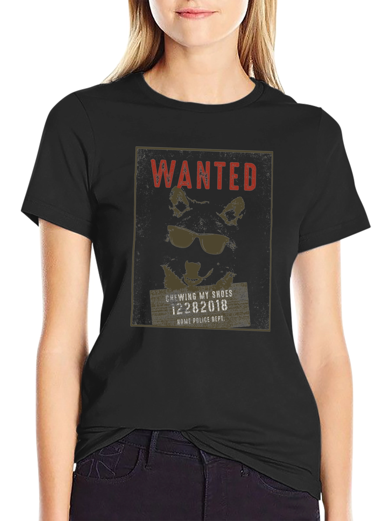 Wanted Dog with Sunglasses Black T-Shirt