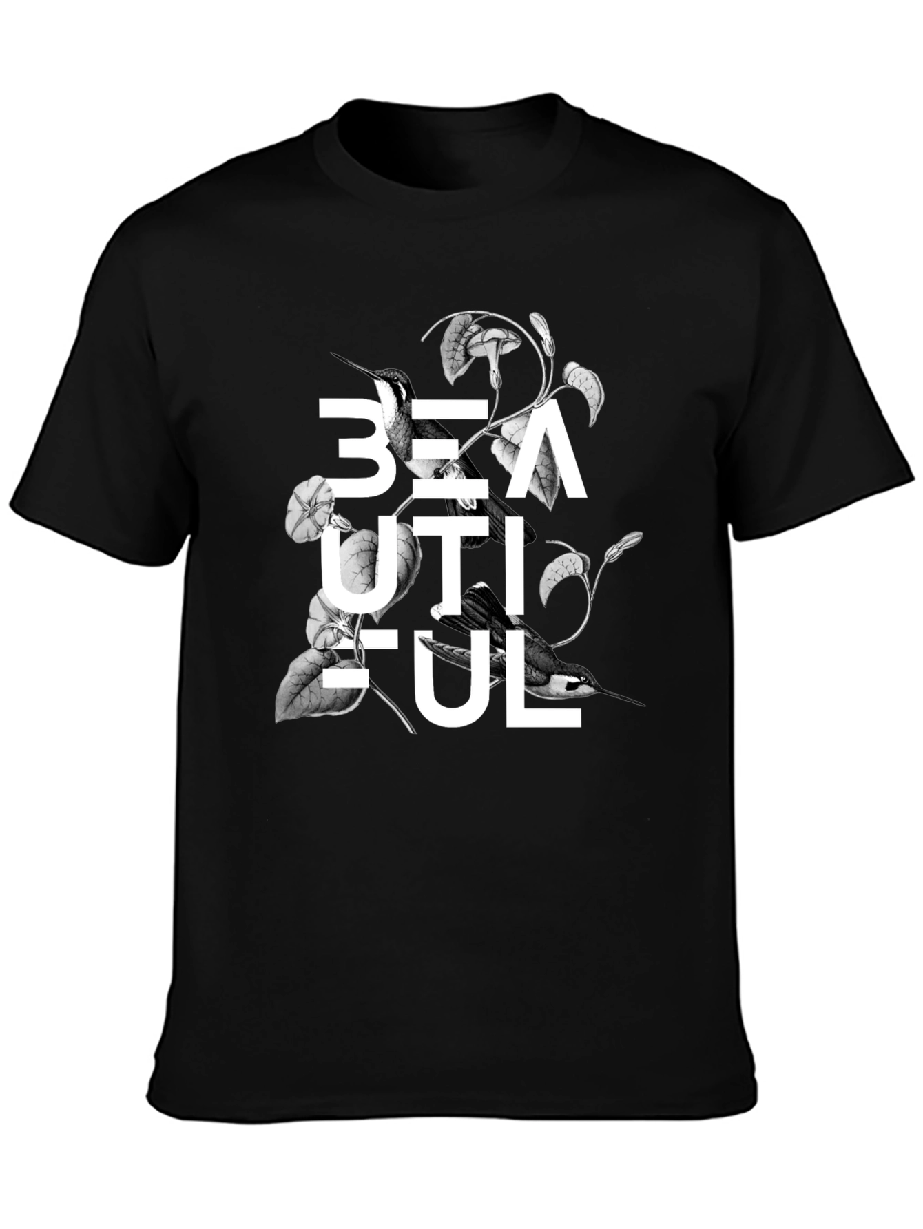Beautiful Bird Floral Graphic Black T-Shirt