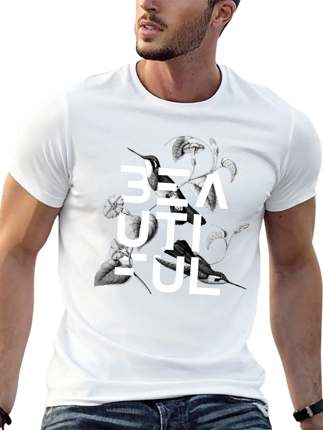 Beautiful Bird Floral Graphic Black T-Shirt