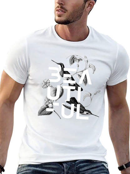 Beautiful Bird Floral Graphic Black T-Shirt