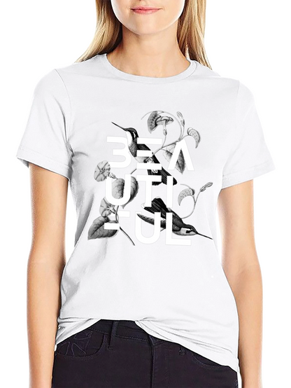 Beautiful Bird Floral Graphic Black T-Shirt