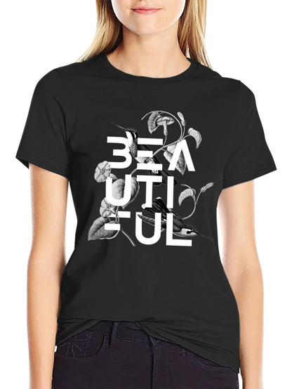 Beautiful Bird Floral Graphic Black T-Shirt
