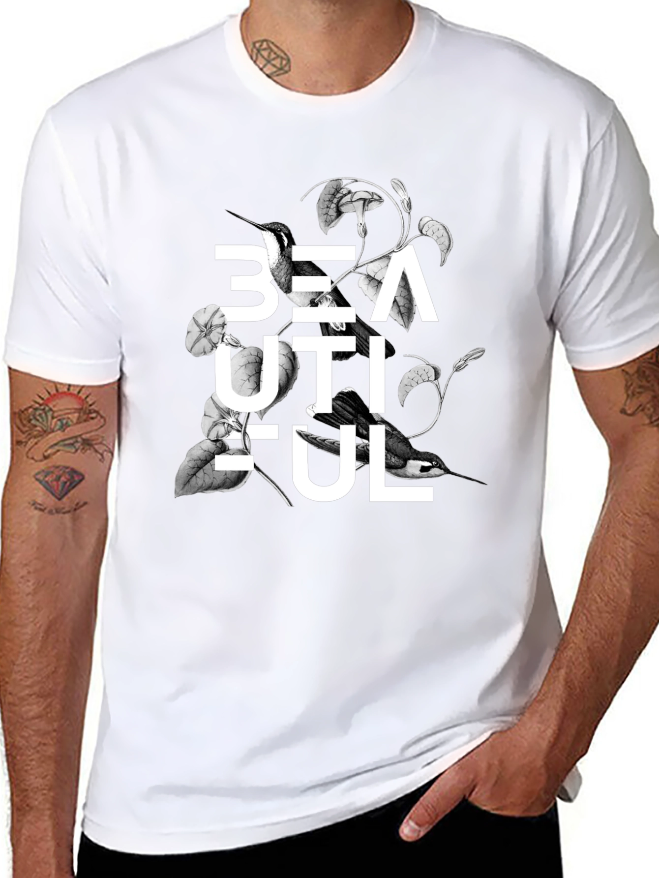 Beautiful Bird Floral Graphic Black T-Shirt