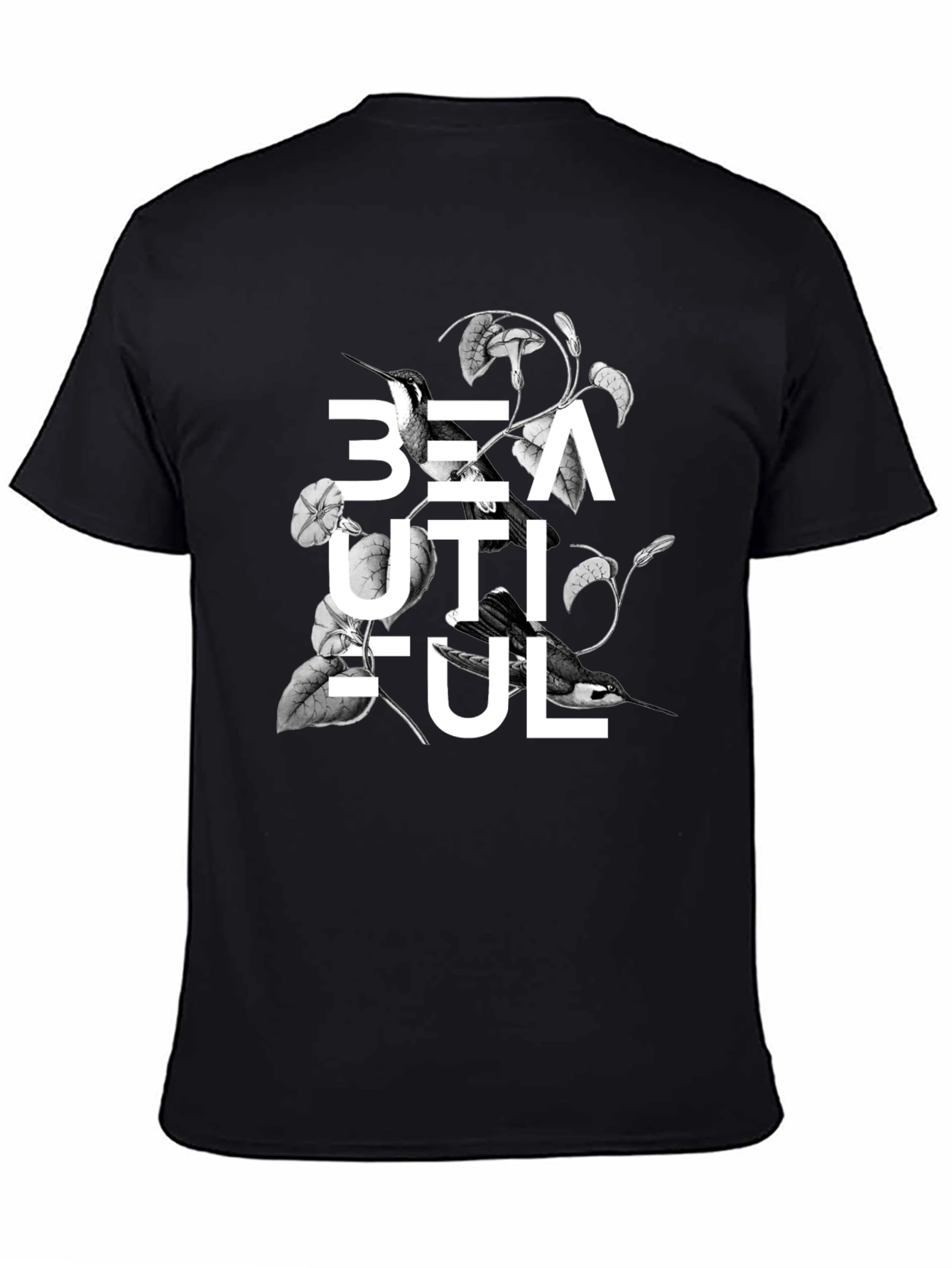 Beautiful Bird Floral Graphic Black T-Shirt
