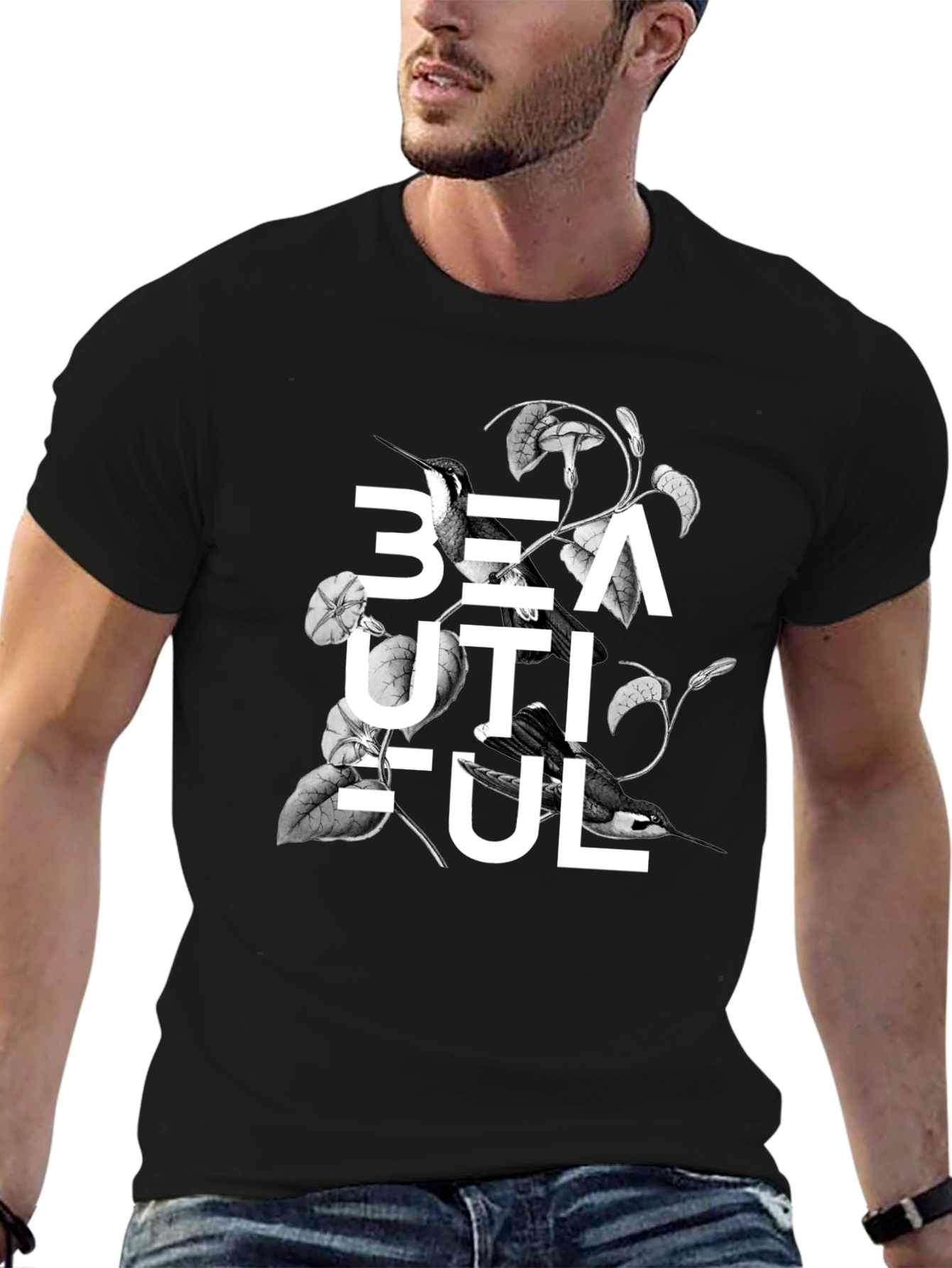 Beautiful Bird Floral Graphic Black T-Shirt