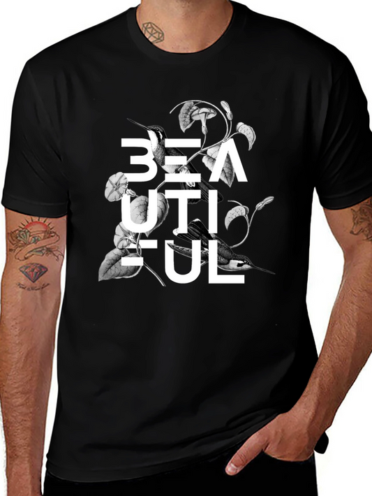 Beautiful Bird Floral Graphic Black T-Shirt