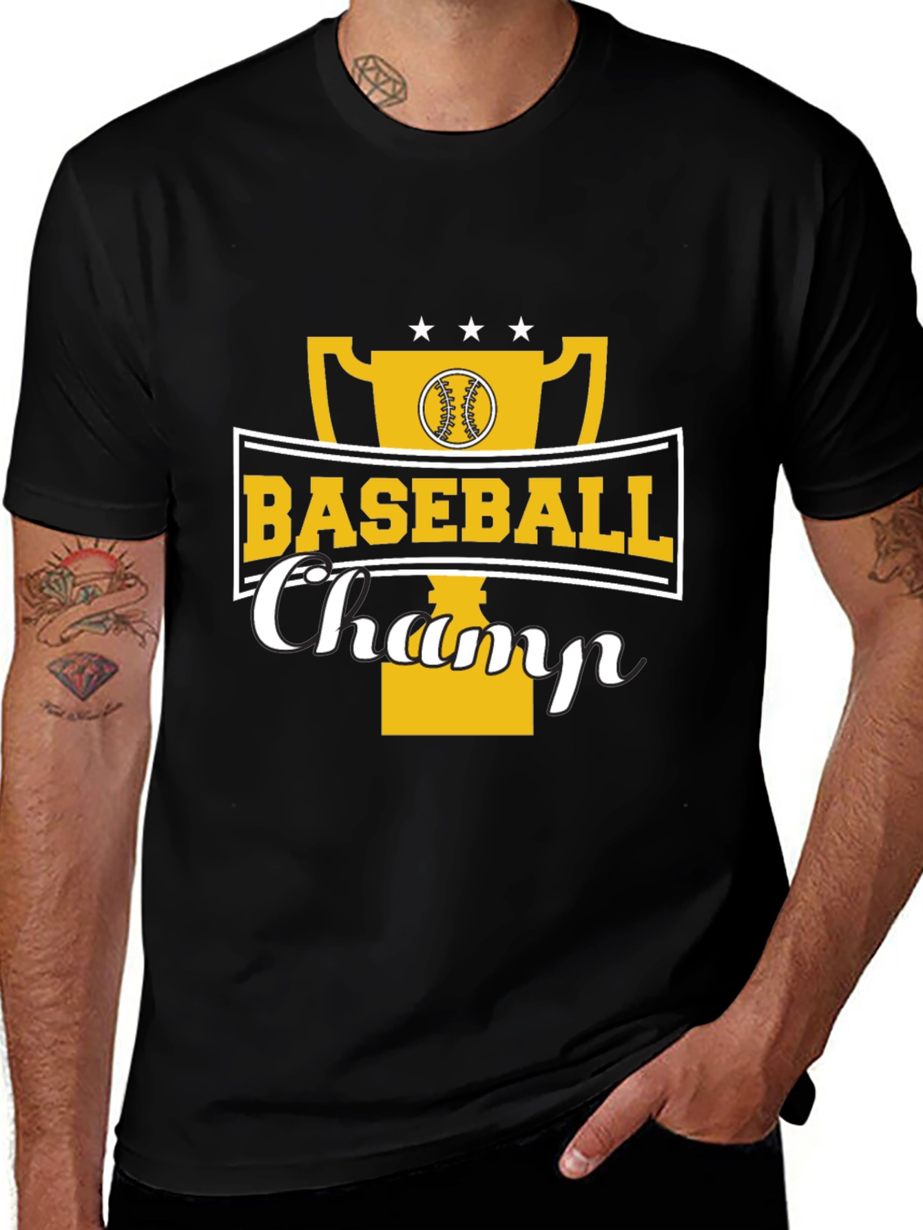 Baseball Champ Graphic Tee - Black Cotton Shirt