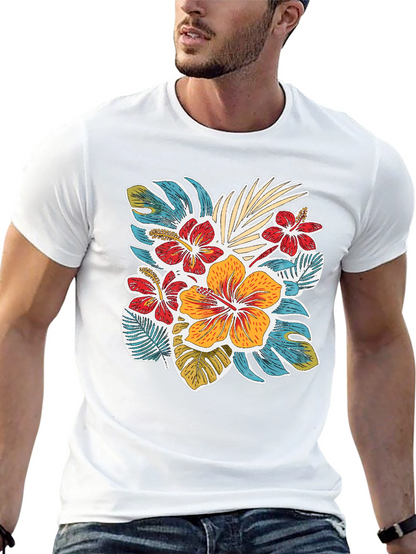 Tropical Floral Print Crew Neck T-Shirt