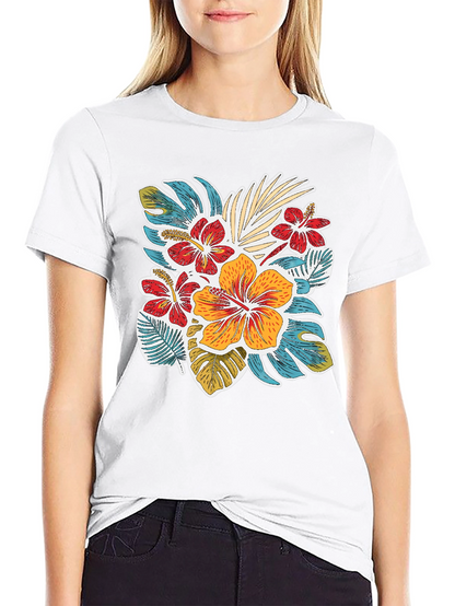 Tropical Floral Print Crew Neck T-Shirt