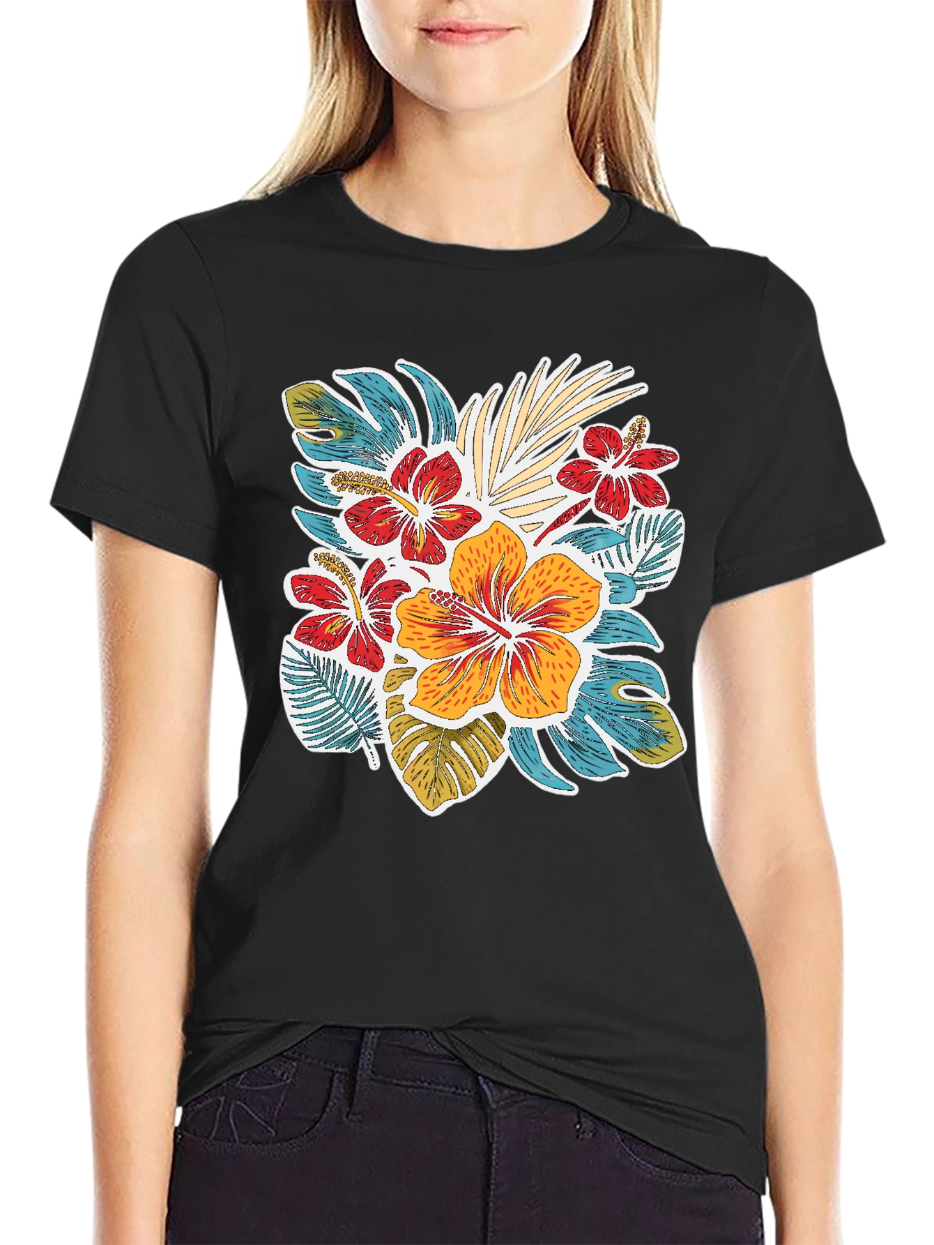 Tropical Floral Print Crew Neck T-Shirt
