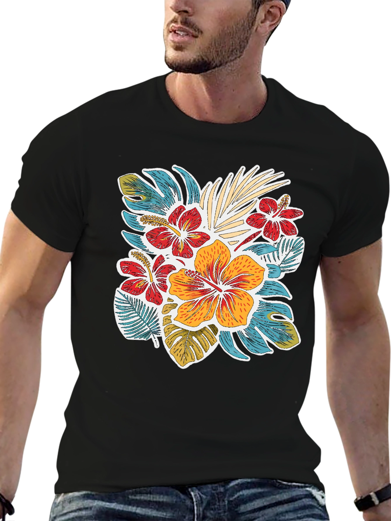 Tropical Floral Print Crew Neck T-Shirt