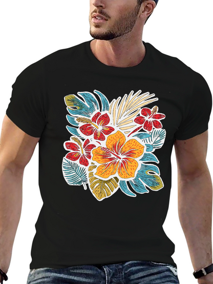 Tropical Floral Print Crew Neck T-Shirt