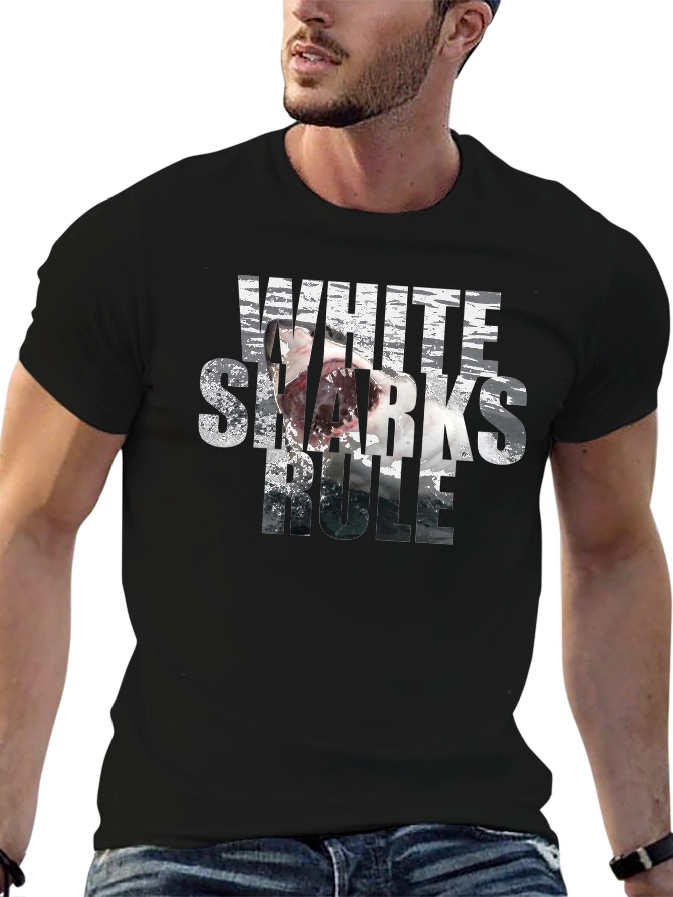 White Sharks Rule Graphic T-Shirt - Black