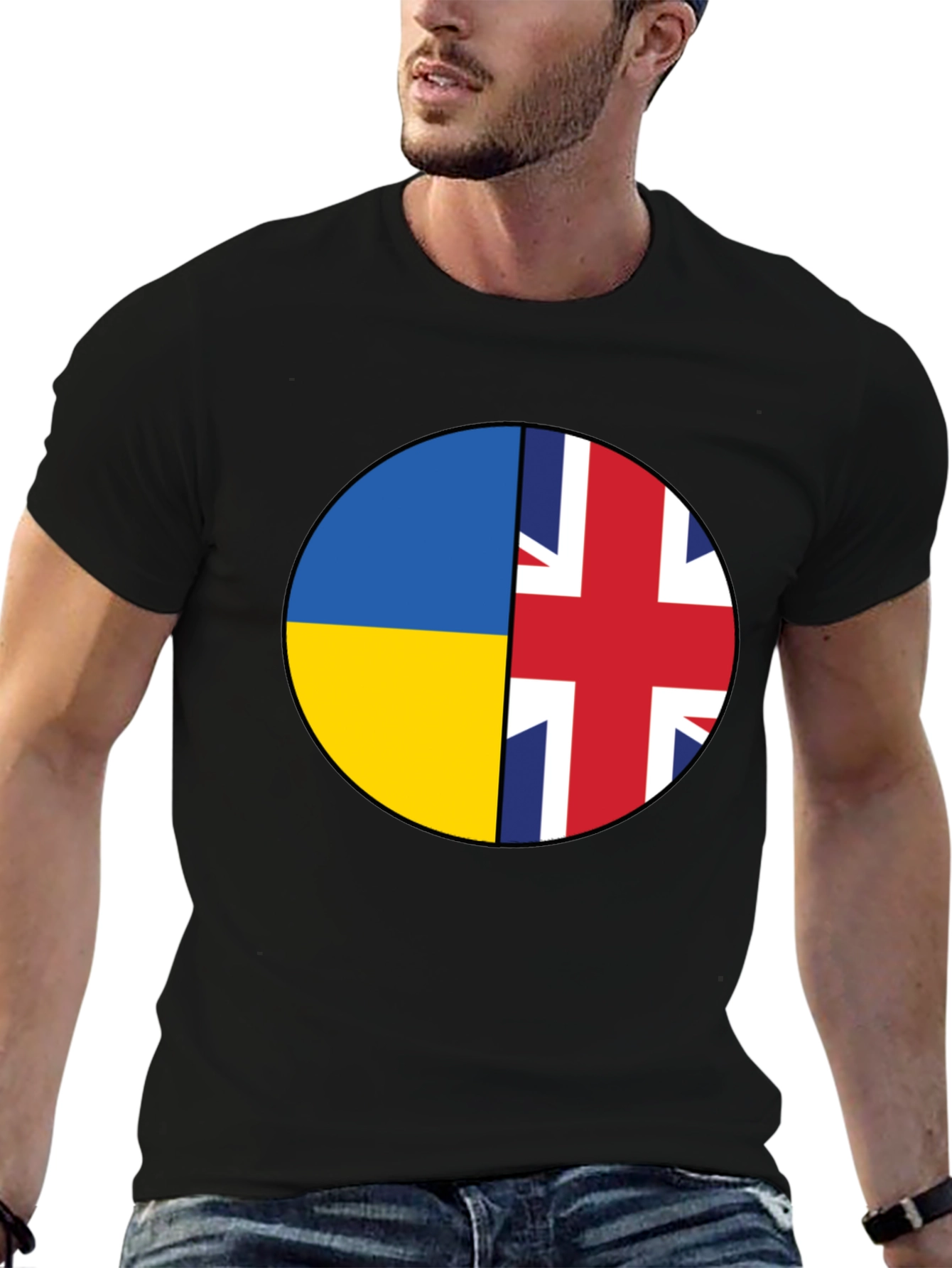 Ukraine & UK Flag Graphic Print Black T-Shirt