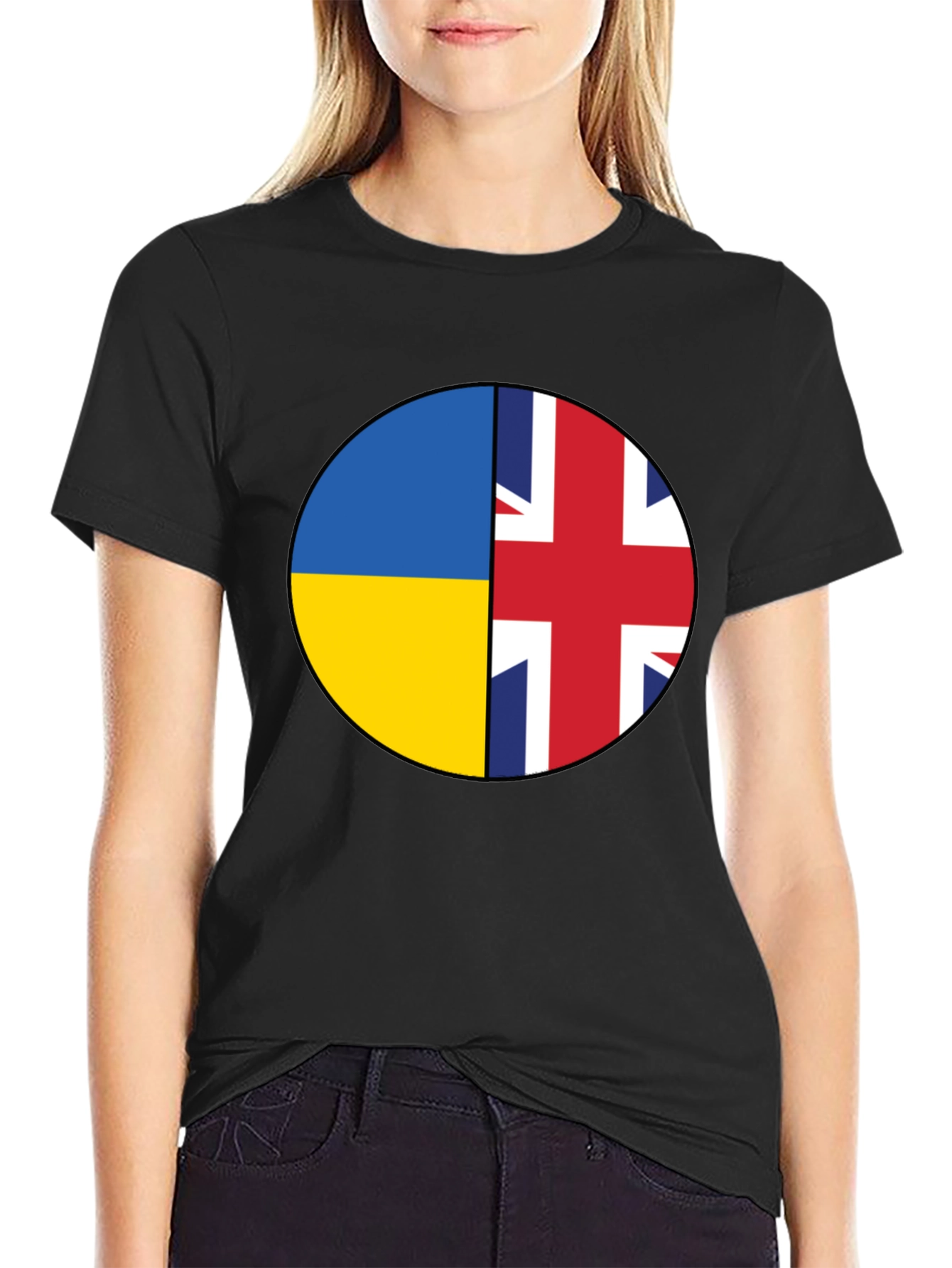 Ukraine & UK Flag Graphic Print Black T-Shirt