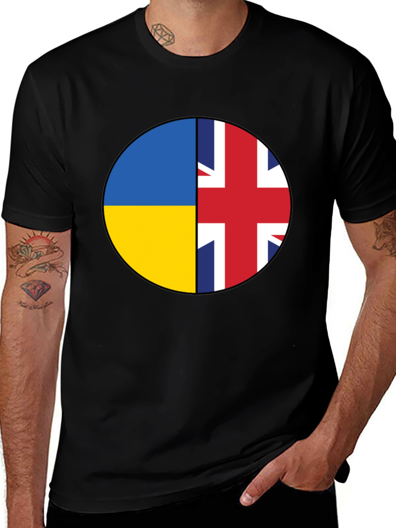 Ukraine & UK Flag Graphic Print Black T-Shirt